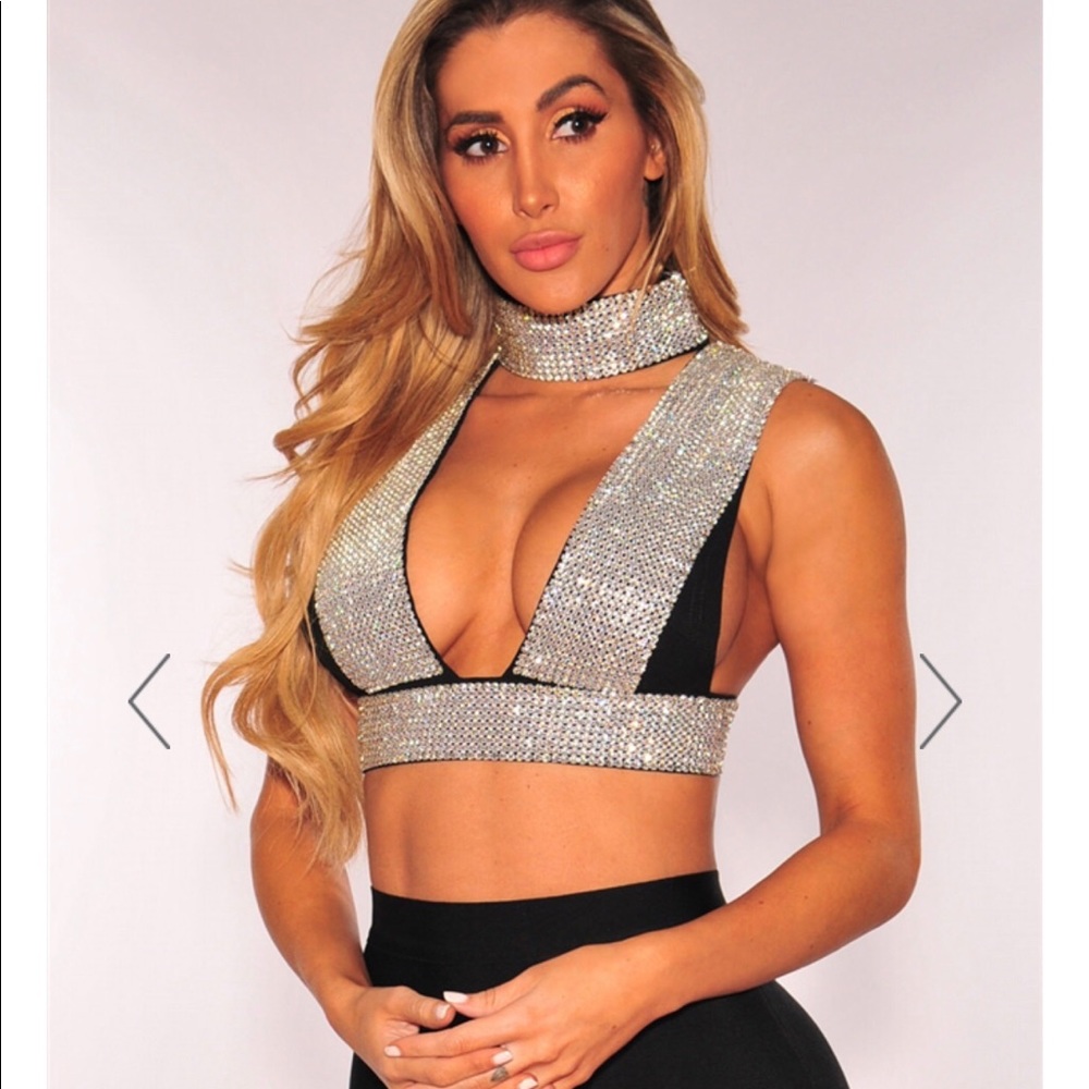 Black Rhinestone Plunging Choker Crop Top - Medium